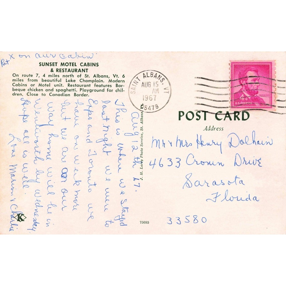 Vintage 1967 Sunset Motel Cabins Restaurant St. Albans Vermont Postcard Chrome - Picture 2 of 2